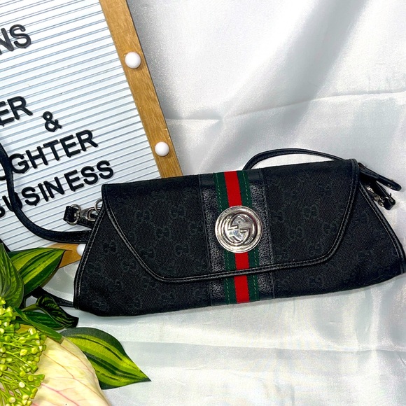 Vintage Gucci GG Black Clutch Purse w/ Web Stripe & Silver Logo - Picture 1 of 7
